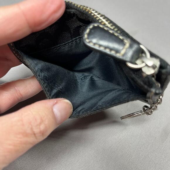 COACH Keychain Coin Purse Wallet Black Signature Jacquard & Leather Trim - Picture 6 of 12